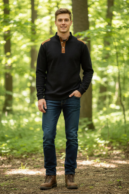 Black long-sleeve shirt with brown shoulder accents on a white background