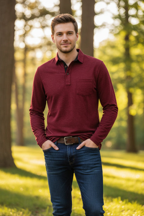 Maroon long-sleeve polo shirt worn by a person on a white background