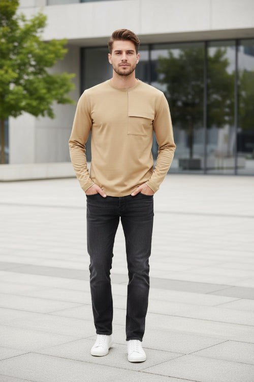 Beige long-sleeve shirt on a white background