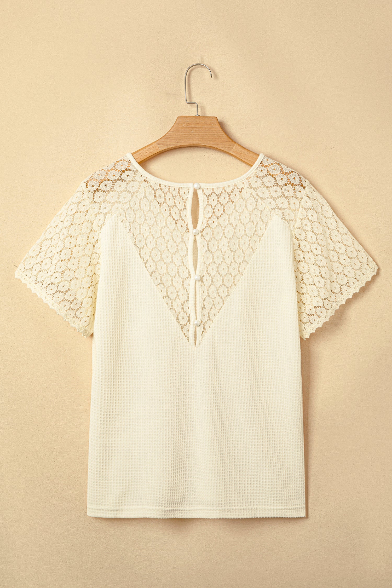 Mint Green Lace Splicing Button Cutout V Neck Waffle Knit Blouse