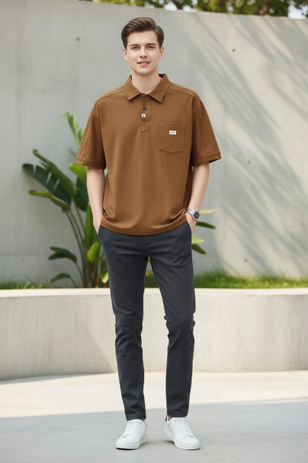 Brown polo shirt worn by a person on a white background