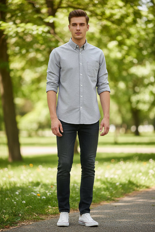 Gray button-up shirt on a white background