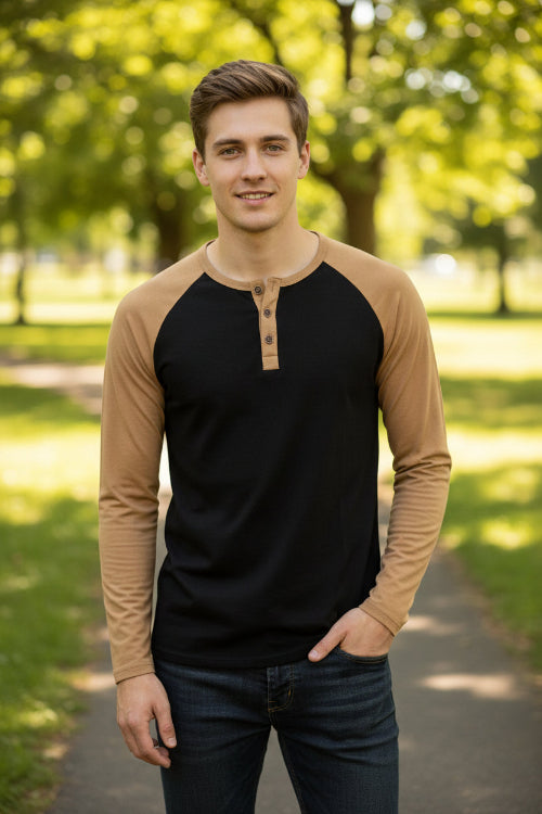 Black and brown long-sleeve shirt with button details on a white background