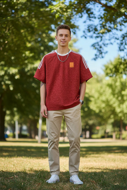 Red textured t-shirt with white stripes on sleeves and a brand patch, worn by a person.