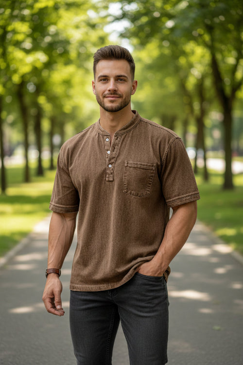 Brown short-sleeve shirt worn by a person on a white background