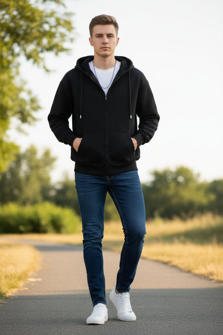 Black hoodie worn by a person on a light gray background