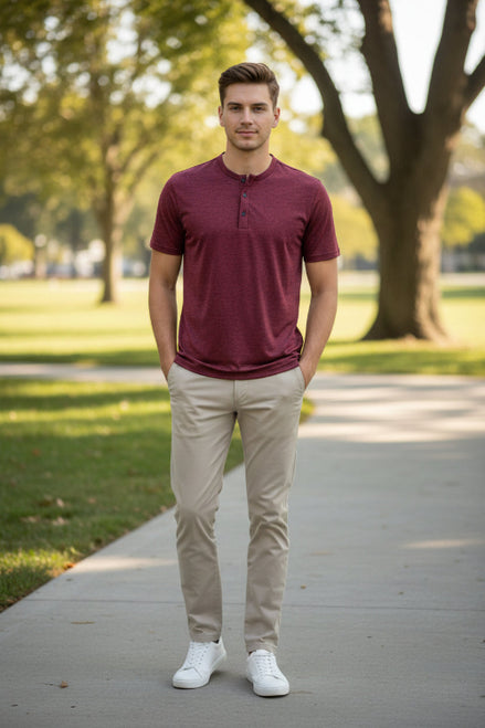 Maroon short-sleeve henley shirt on a white background