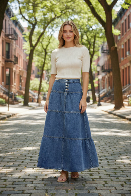 Long denim skirt worn by a person on a white background