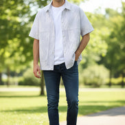 White textured shirt with short sleeves on a white background