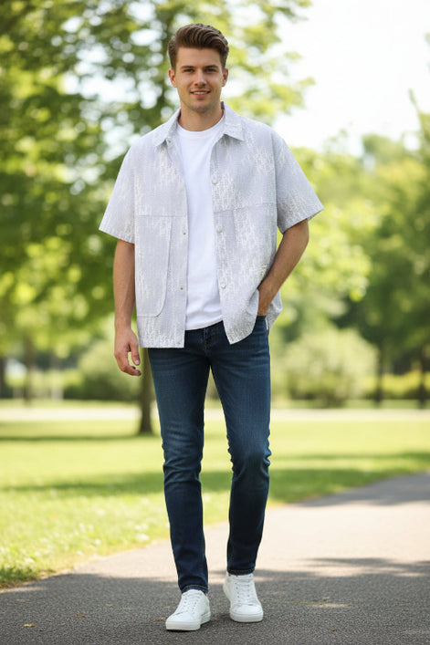 White textured shirt with short sleeves on a white background