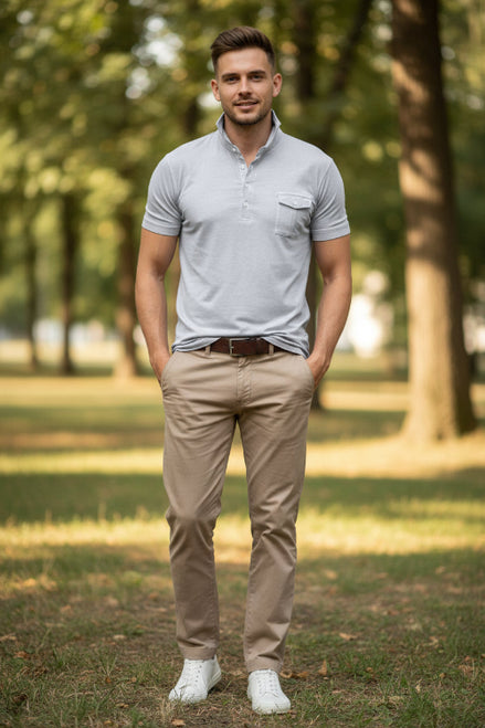 Man wearing a light gray short-sleeve polo shirt with a white background