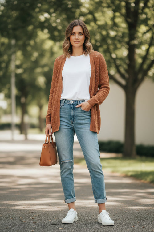 Woman wearing a brown knitted cardigan over a white top and blue jeans against a white brick wall.