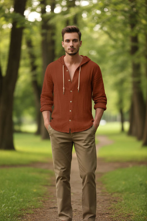Brown hooded shirt with buttons on a white background