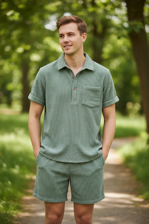 Green checkered shirt and shorts set on a white background