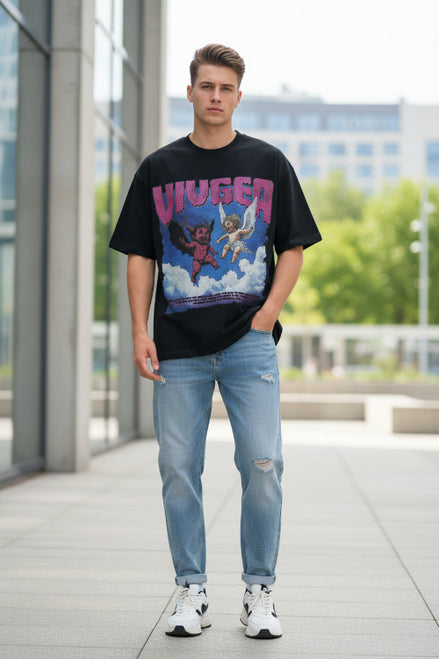Black t-shirt with graphic design of a devil and angel in the clouds and 'VIUGER' text.