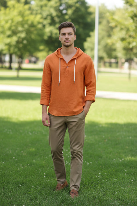 Orange button-up shirt with a hood on a white background