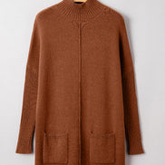 Brown sweater dress on a hanger against a light gray background