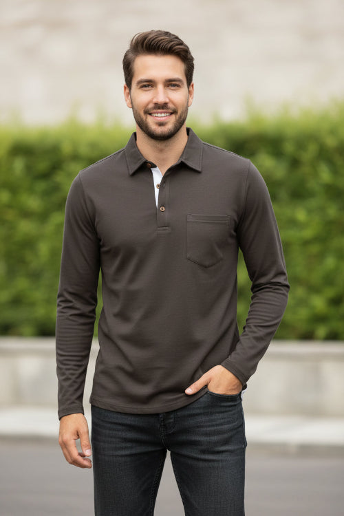Man wearing a brown long-sleeve shirt with a pocket on a white background