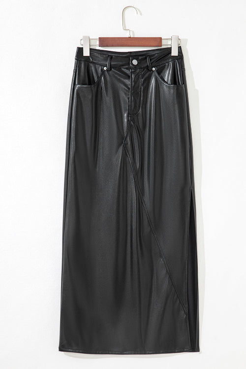Black vinyl skirt on a hanger against a white background
