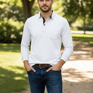 White long-sleeve polo shirt worn by a person on a white background
