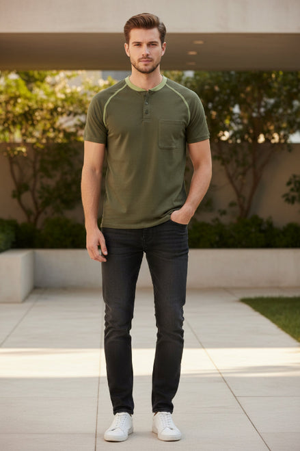 Green short-sleeve henley shirt with green trim on a white background
