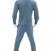A mannequin wearing a matching two-piece tracksuit in dusty blue, shown from the back 