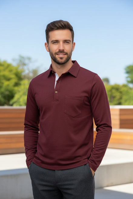 Maroon long-sleeve shirt worn by a person on a white background