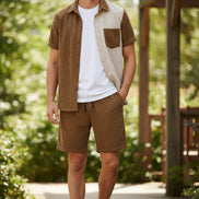 Brown corduroy shirt and shorts set on a white background