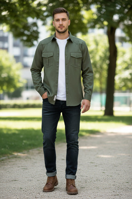 Green shirt with two front pockets on a white background