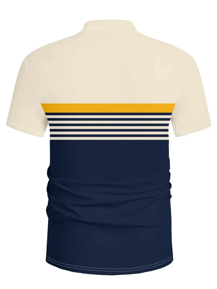 Polo shirt with a navy blue back and yellow and white stripes on a white background