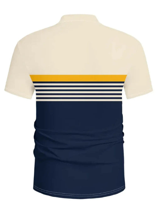 Polo shirt with a navy blue back and yellow and white stripes on a white background