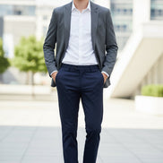 Close-up of a dark blue pants with a brand logo wearing outside