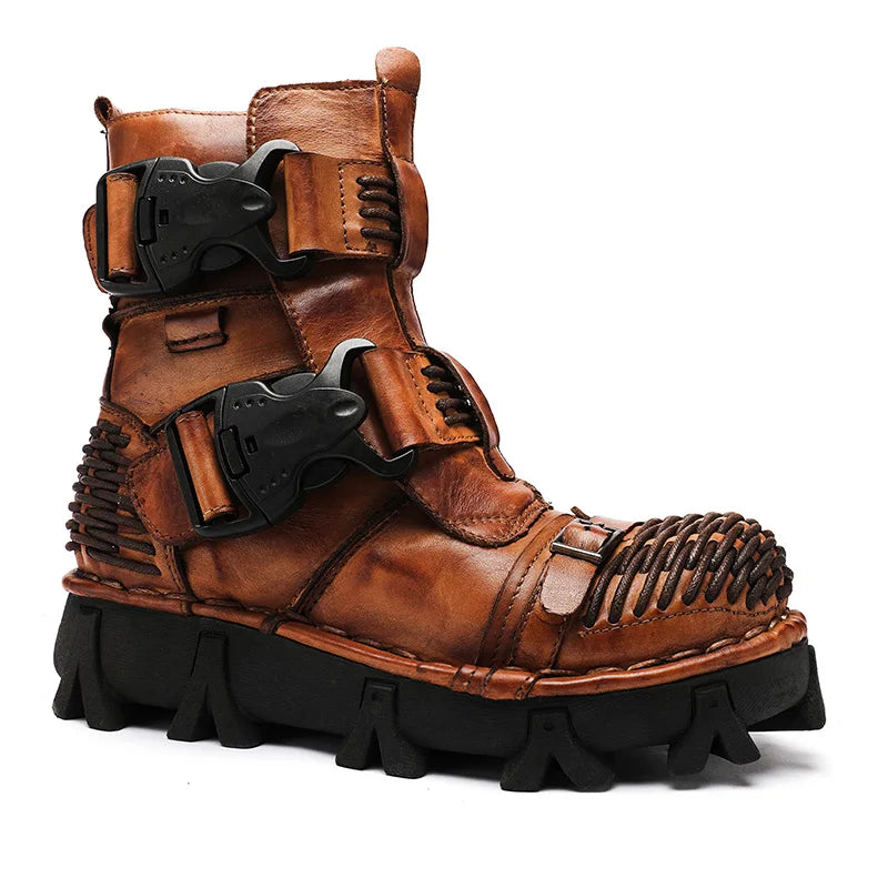 Men's Cowhide Genuine Leather Motorcycle Boots Combat Boots Gothic Skull Punk Desert Ankle Boots Botas50 Handmade