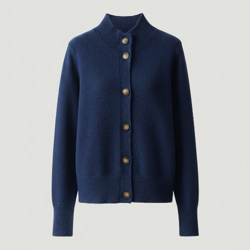 A navy blue button-front cardigan sweater displayed on a white page 