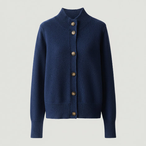 A navy blue button-front cardigan sweater displayed on a white page 