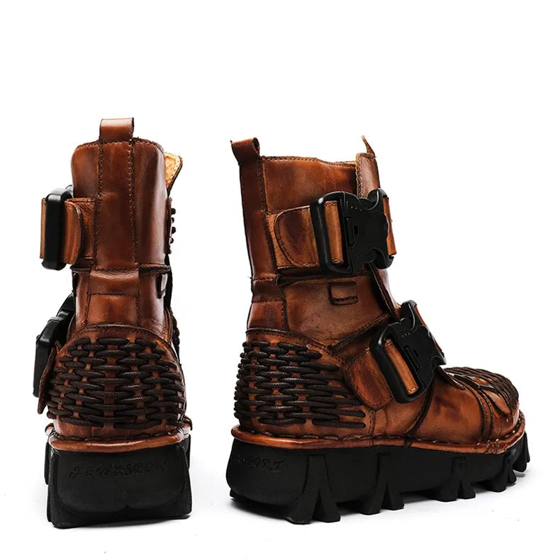Men's Cowhide Genuine Leather Motorcycle Boots Combat Boots Gothic Skull Punk Desert Ankle Boots Botas50 Handmade