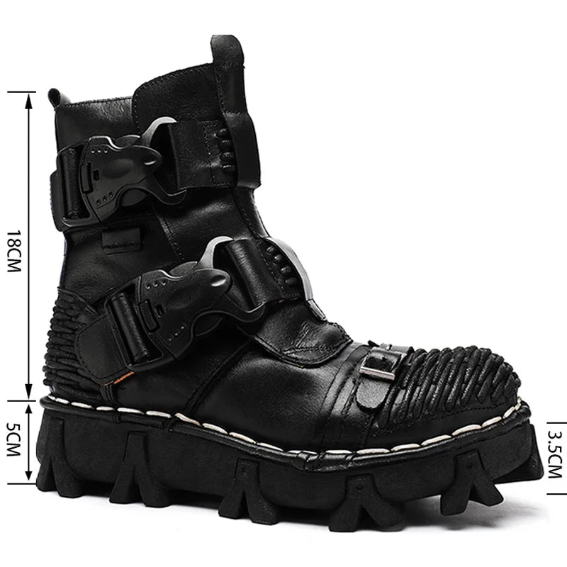 Men's Cowhide Genuine Leather Motorcycle Boots Combat Boots Gothic Skull Punk Desert Ankle Boots Botas50 Handmade