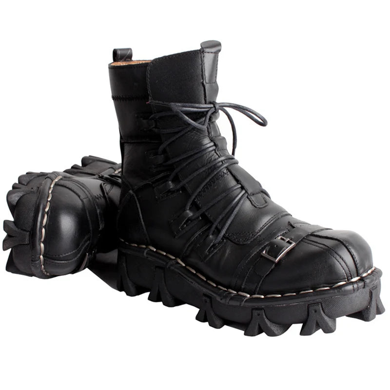 Men's Cowhide Genuine Leather Motorcycle Boots Combat Boots Gothic Skull Punk Desert Ankle Boots Botas50 Handmade