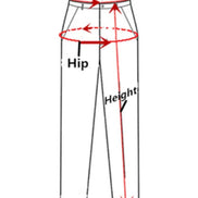 Diagram of pants with labeled waist, hip, and height measurements.