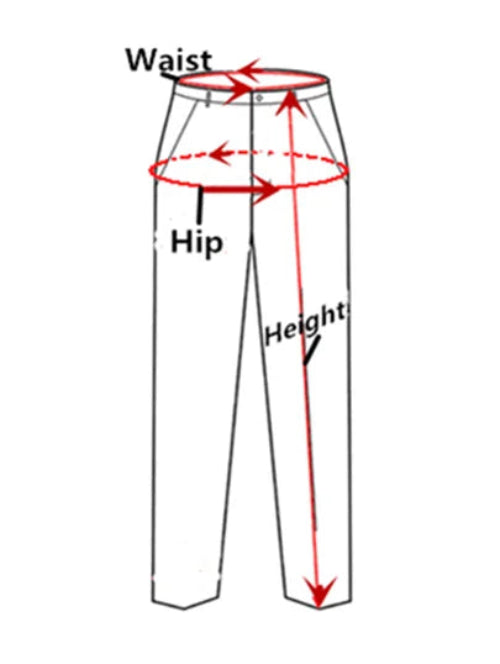 Diagram of pants with labeled waist, hip, and height measurements.