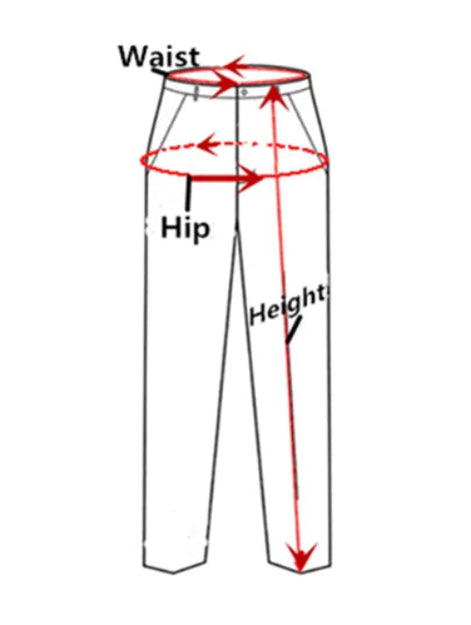 Diagram of pants with labeled waist, hip, and height measurements.