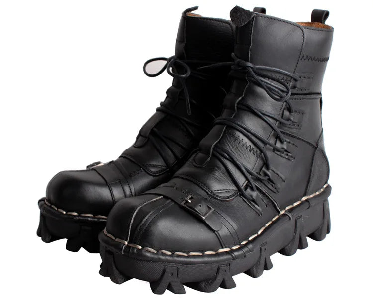 Men's Cowhide Genuine Leather Motorcycle Boots Combat Boots Gothic Skull Punk Desert Ankle Boots Botas50 Handmade