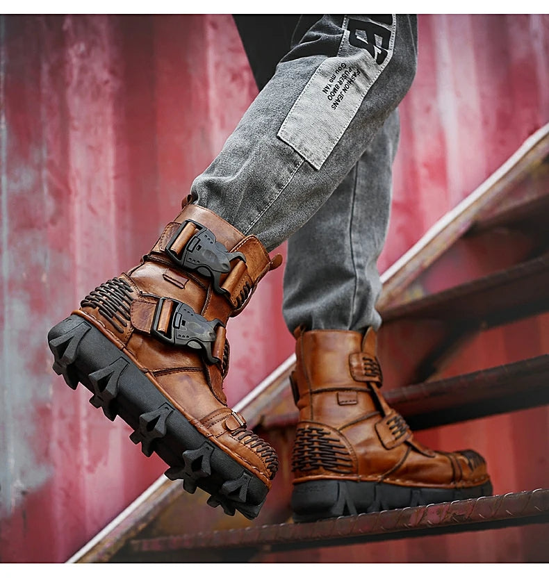 Men's Cowhide Genuine Leather Motorcycle Boots Combat Boots Gothic Skull Punk Desert Ankle Boots Botas50 Handmade