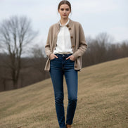 Close-up of a beige cardigan with buttons on a mannequin against a neutral background