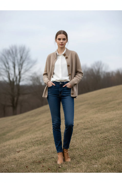 Close-up of a beige cardigan with buttons on a mannequin against a neutral background