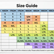 A size reference chart in Chinese showing body height and weight ranges mapped to size labels such as S, M, L, XL, and 2XL, with colored grid cells for clarity.