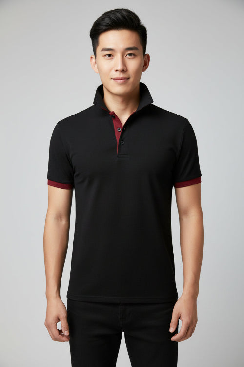 Black polo shirt with red accents on a white background