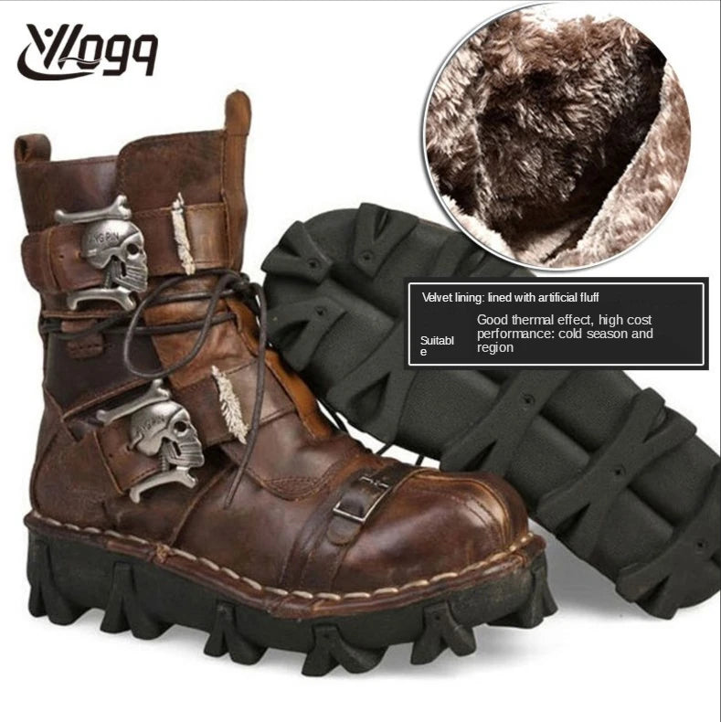 Men's Cowhide Genuine Leather Motorcycle Boots Combat Boots Gothic Skull Punk Desert Ankle Boots Botas50 Handmade