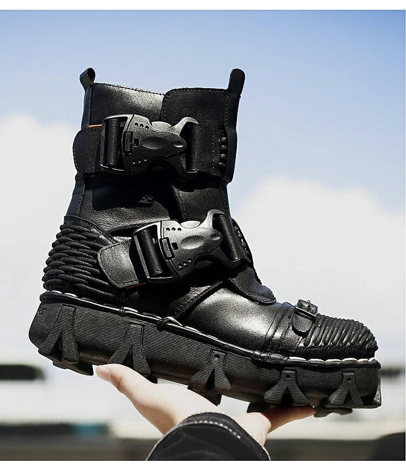 Men's Cowhide Genuine Leather Motorcycle Boots Combat Boots Gothic Skull Punk Desert Ankle Boots Botas50 Handmade