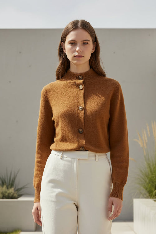 A warm camel-brown knit cardigan sweater with a mock neck and button-front closure, shown on a white background 